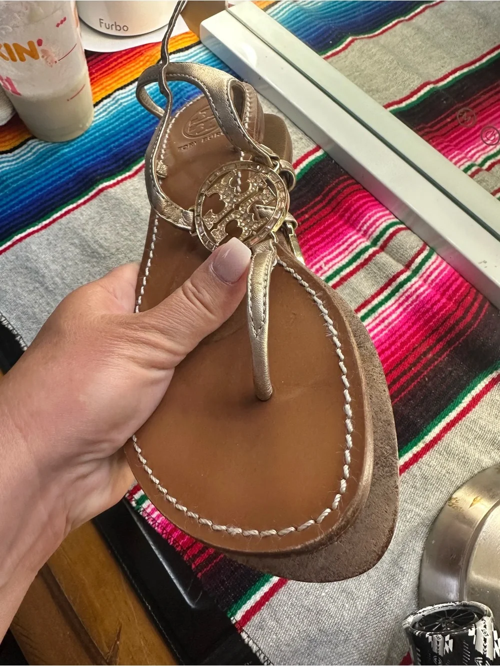 Tory Burch Gold Leather Logo Thong Sandals